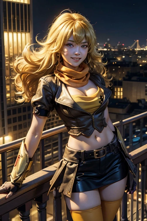 (masterpiece, best quality:1.2), cowboy shot, solo, 1girl, yang xiao long, grin, ahoge, purple eyes, yellow t-shirt, black skirt, pantyhose, boots, black fingerless gloves, orange scarf, midriff, cleavage, large breasts, standing on balcony, cityscape background