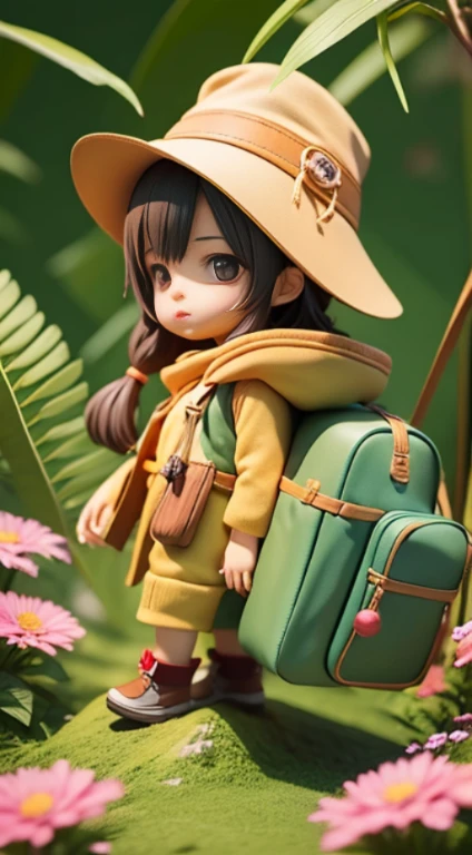 There is a poster of a cartoon character wearing a hat and a backpack., Female Explorer Mini Cute Girl, walking in a wilderness, Flower Jungle, Animation-style rendering, Cute 3D rendering, small character. Unreal Engine 5, Stylized anime, Cute and detailed digital art, Atei Gailan 8K, Stylized 3D rendering, Adventure surreal rendering, Anime style 3D, 3D rendering style、Highest quality、quality、16ｋ、Sensual smile、