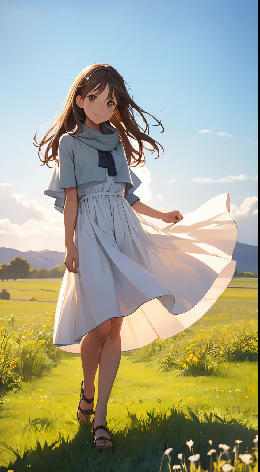 1girl,grassland,A clear blue sky,Light brown hair,Medium-length hair,Shawl hair,Brown eyes,white sundress,breeze,Smiling face,best quality,Full body shot