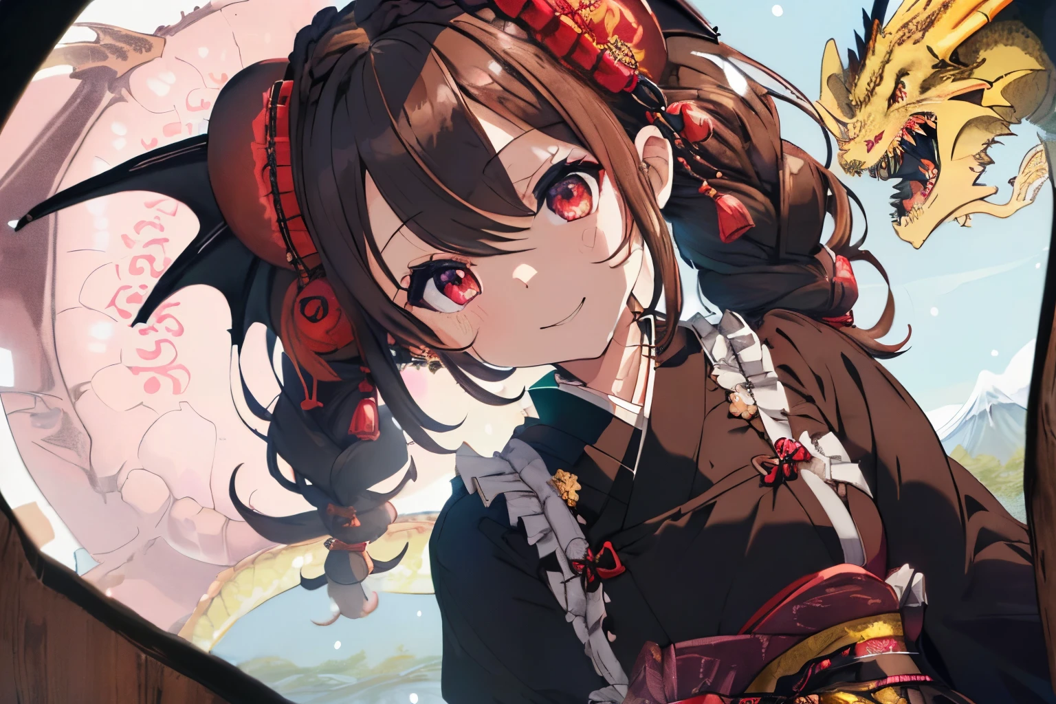 ((Brown hair)),((Braided shorthair)),((With black eyes)),Slight red tide,(Japanese style Gothic Lolita clothes:1.5),(Komono:1.25),(fluffy cloak),(stylish five finger gloves:1.2),(Ruffled ornament:1.25),(Accessories and hair ornaments with flower motifs),(Usamimi:1.7),(Watch with a smile),(active movement:1.25),It's snowing a little,(The color of the clothes is pink, Nero, Light purple, and yellow..),Kamimei,(close up of face:1.25),(Illustration of an oversized dragon in the background:1.5),(lots of ruffles)