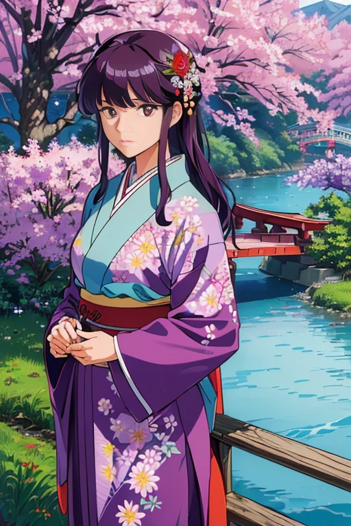 (masterpiece, bestquality, highres, Absurd, ultra-detail:1.2),(Eka, purple hair, Red Eyes, Obi, Japanese clothes:1.2), (Tree of Life, river, bridge, floral, Green grass)