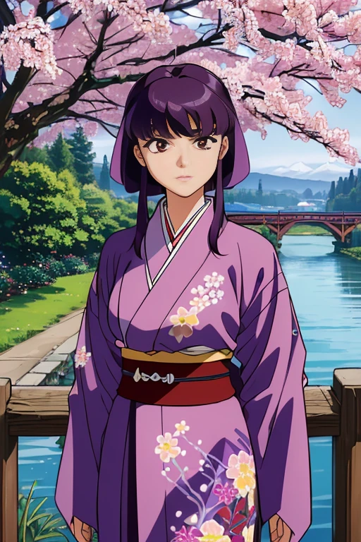 (masterpiece, bestquality, highres, Absurd, ultra-detail:1.2),(Eka, purple hair, Red Eyes, Obi, Japanese clothes:1.2), (Tree of Life, river, bridge, floral, Green grass)