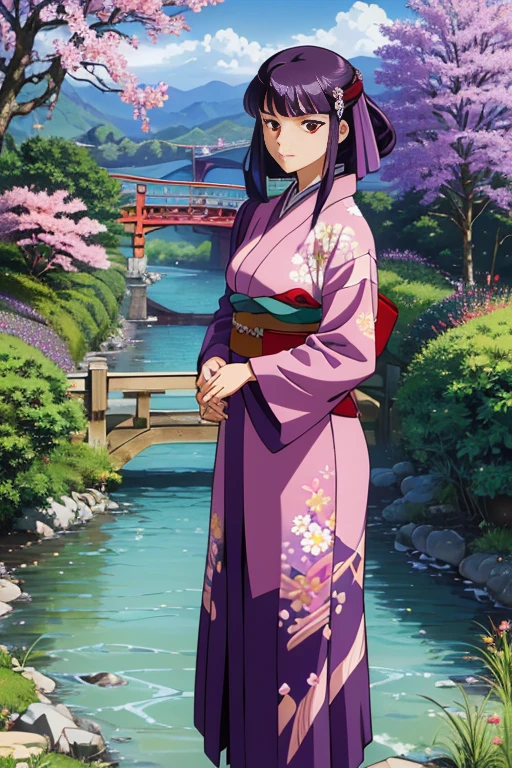 (masterpiece, bestquality, highres, Absurd, ultra-detail:1.2),(Eka, purple hair, Red Eyes, Obi, Japanese clothes:1.2), (Tree of Life, river, bridge, floral, Green grass)