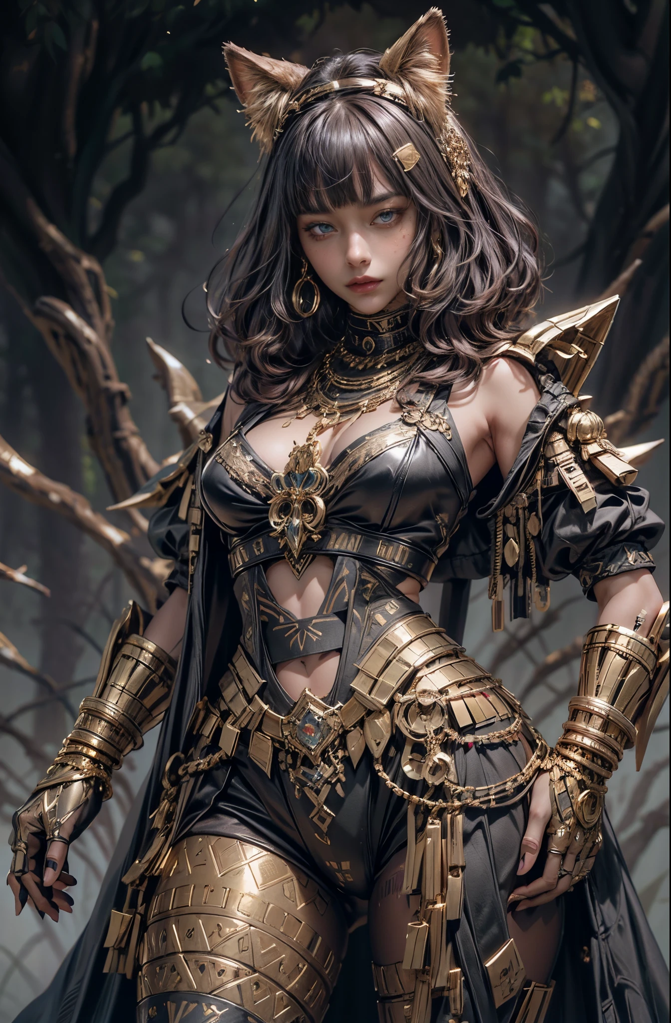 Beautiful brunette girl in gold and black armor., blue eyes, Gold Jewelry, Epic beautiful characters, captured on canon eos r 6, (Realistic face details), intricate detailed, Portrait of a beautiful girl, very high details, photo-hyper-realistic, 8k, UHD, hyperdetailed, (Dynamic Poses:1.4),