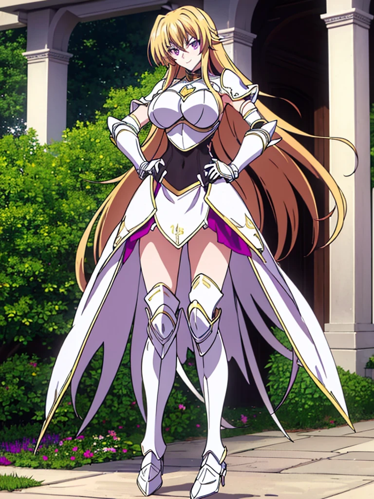 Rias Gremory \(dxd\) with (golden blonde hair;1.4), (purple eyes:1.4), large breasts, wide hips, slim waist, and a tempting smile dressed in (white dxd armor:1.4), white breastplate, white fingerless gauntlets, white boots, hip guards, black leotard underneath breastplate, black thigh-high stockings, white skirt, standing in a courtyard, full body shot, masterpiece, ultra high quality.