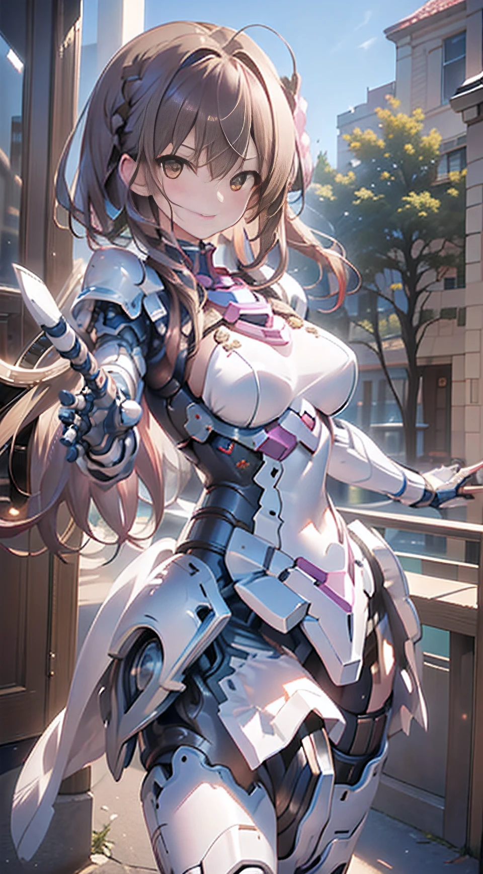 top-quality、Top image quality、​masterpiece、Mecha Girl((18year old、Armor for arms and legs、Robot joints,（Raw feet）,Bust 85、Brown hair、close to viewer、gazing at viewer、Chest energy、Breasts wide open,Reaching out、Brown eyes、A shy smile、Dye cheeks)）hiquality、depth of fields、Depth、（Overexposed）、