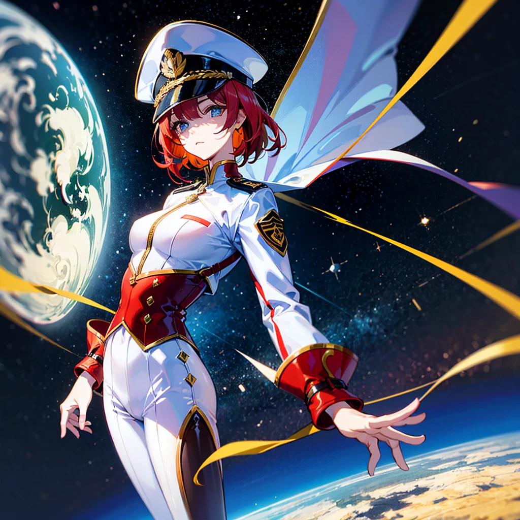 (((masterpiece)))、(((Top image quality)))、(((top-quality)))、(Illustration of one woman)、30-years old、(Viceroy)、((Red-haired shorthair))、(Thin hair hanging down both sides of the face)、Blue eyes、((Tall))、((Muscle Woman、stocky build、muscular legs、broad shoulders、solid chest))、((Military uniforms))、((Military Cap))、((Military coat))、(white clothes)、(White pants)、(White cap)、trench coat、((Inside the spaceship))、(Outside the window、kosmos、Earth seen from space、Spaceport)