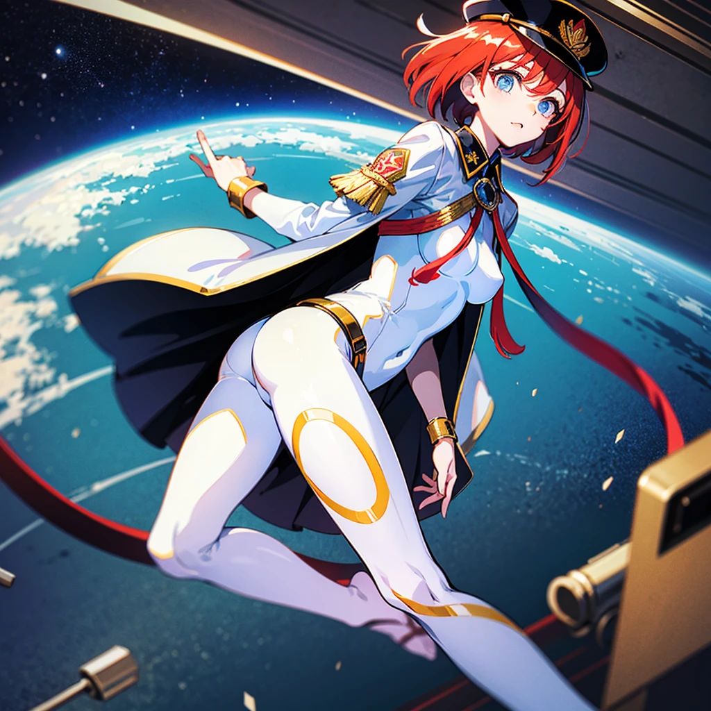 （（（​masterpiece）））、（（（Top image quality）））、（（（top-quality）））、（Illustration of one woman）、30-years old、（Viceroy）、（（Red-haired shorthair））、（Thin hair hanging down both sides of the face）、Blue eyes、（（Tall））、（（Muscle Woman、stocky build、muscular legs、broad shoulders、solid chest））、（（Military uniforms））、（（Military Cap））、（（Military coat））、（white  clothes）、（White pants）、（White cap）、trench coat、（（Inside the spaceship））、（Outside the window、kosmos、Earth seen from space、Spaceport）
