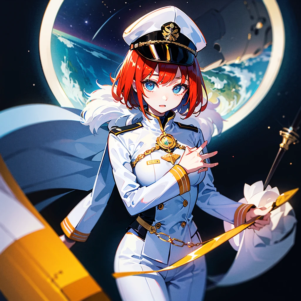(((masterpiece)))、(((Top image quality)))、(((top-quality)))、(Illustration of one woman)、30-years old、(Viceroy)、((Red-haired shorthair))、(Thin hair hanging down both sides of the face)、Blue eyes、((Tall))、((Muscle Woman、stocky build、muscular legs、broad shoulders、solid chest))、((Military uniforms))、((Military Cap))、((Military coat))、(white clothes)、(White pants)、(White cap)、trench coat、((Inside the spaceship))、(Outside the window、kosmos、Earth seen from space、Spaceport)