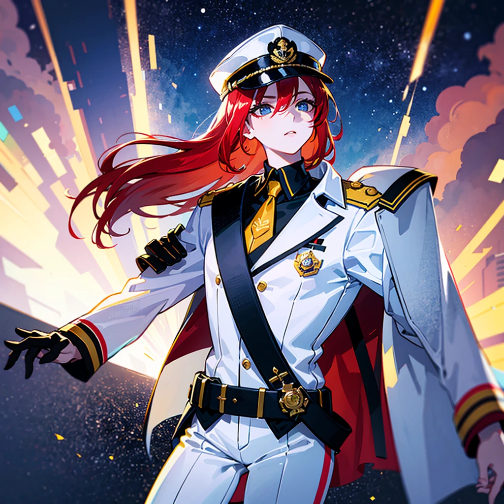(((masterpiece)))、(((Top image quality)))、(((top-quality)))、(Illustration of one woman)、30-years old、(Viceroy)、((Red-haired shorthair))、(Thin hair hanging down both sides of the face)、Blue eyes、((Tall))、((Muscle Woman、stocky build、muscular legs、broad shoulders、solid chest))、((Military uniforms))、((Military Cap))、((Military coat))、(white clothes)、(White pants)、(White cap)、trench coat、((Inside the spaceship))、(Outside the window、kosmos、Earth seen from space、Spaceport)