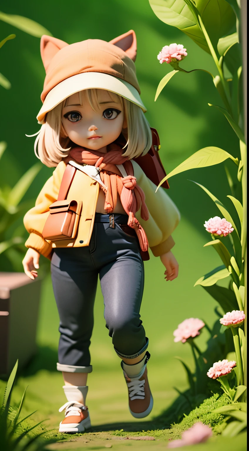 There is a poster,It features a figure wearing a hat and a backpack,female explorer mini cute girl,Japanese ,With a hat,Walk in the wilderness,Jungle of flowers and plants,Animation-style rendering,cute 3 d render,Small characters。Unreal Engine5,Stylized anime,Cute and detailed digital art,Atey Ghailan 8 K,Stylized 3D rendering,adventure hyper realistic render,Anime style 3D,Stylized 3D rendering