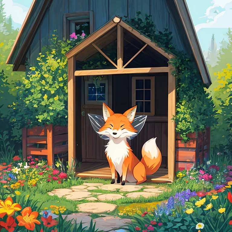 vector art of a lone cute happy fox in a fairy garden, flowers, sparkles, colorful, warm, fairy huts