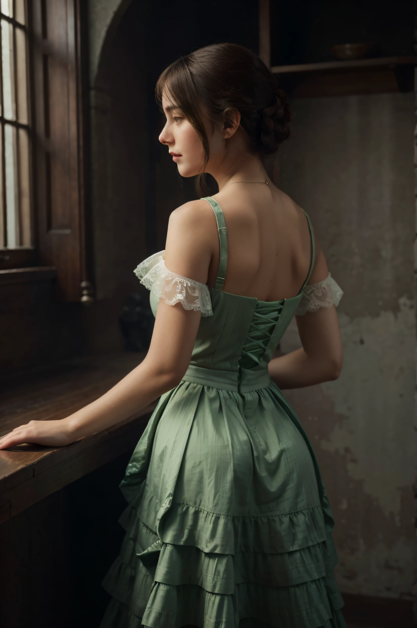 ((High-quality work)), 1 girl, the lines are clear and concise, the green dress and the beautiful pleated lace complement each other, which enriches the layering of the whole picture, the graceful Edwardian lace dress and the princess skirt add a lot to the character, the gesture with the back of the hand behind , It also shows the gentle and elegant side of women.
