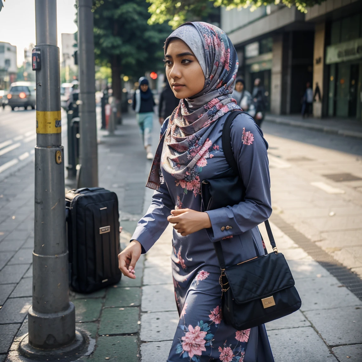 Indoesian hijab girl, walking to work, commuting, on the street, realistic, wearing muslim clothes, floral printing pattern hijab scarve, checking smartphone, carrying day pack bag,