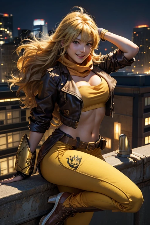 (masterpiece, best quality:1.2), cowboy shot, solo, 1girl, yang xiao long, grin, ahoge, purple eyes, brown jacket, yellow tube top, yoga pants, boots, black fingerless gloves, orange scarf, midriff, cleavage, large breasts, standing on balcony, cityscape background