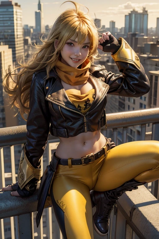 (masterpiece, best quality:1.2), cowboy shot, solo, 1girl, yang xiao long, grin, ahoge, purple eyes, brown jacket, yellow tube top, yoga pants, boots, black fingerless gloves, orange scarf, midriff, cleavage, large breasts, standing on balcony, cityscape background