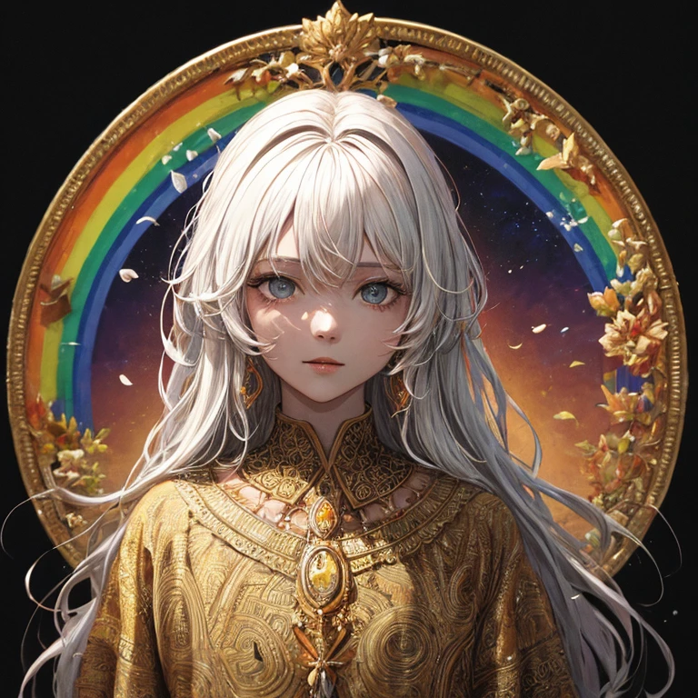 (rosto lateral da beleza,long, whitish hair,olho fechadoasterpiece Narciso),with rainbow colored background,(illustratio:1.2, arte:1.2,Zentangle,3Drenderingof),(melhor qualidade,alto detalhe,tmasterpiece,cinematic lighting effects,4k,Chiaroscuro)