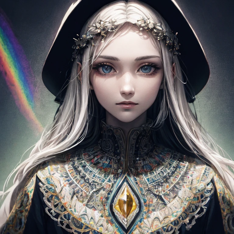 (rosto lateral da beleza,long, whitish hair,olho fechadoasterpiece Narciso),with rainbow colored background,(illustratio:1.2, arte:1.2,Zentangle,3Drenderingof),(melhor qualidade,alto detalhe,tmasterpiece,cinematic lighting effects,4k,Chiaroscuro)