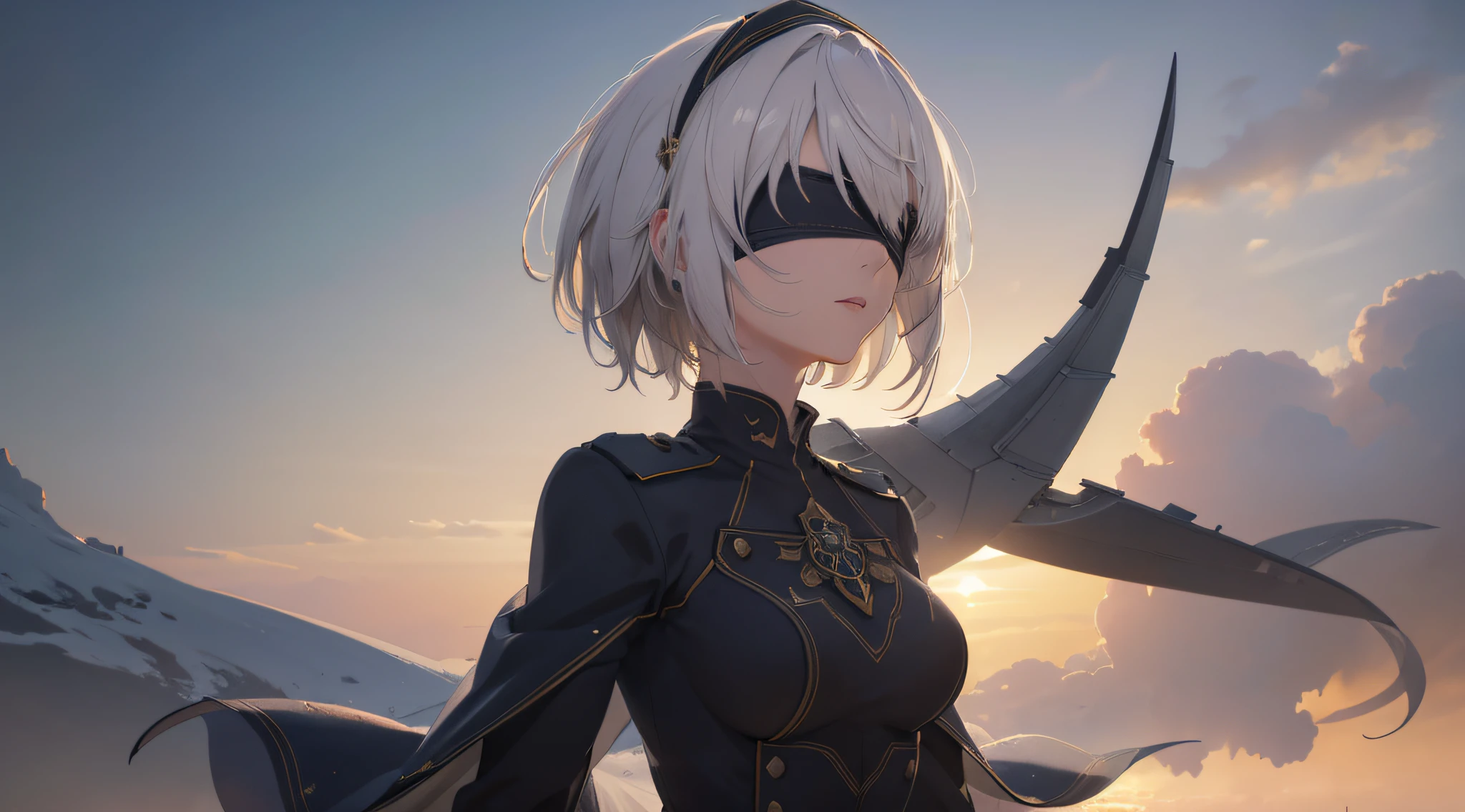 (extremely detailed CG unity 8k wallpaper), (masterpiece), (best quality), (ultra-detailed), (best illustration), (best shadow), (absurdres), 2, 1girl, short hair, short ponytail, normal size boobs, white hair, blindfold solo, Intimidating women, admiral uniform, night, hero pose, white clothes, General Uniform, Military Uniform, Sunlight, exposed to sunlight,commander, cape, fighting, ((beautiful fantasy girl)), (Master Part: 1.2), Best Quality, High Resolution, photorealestic, photogenic, Unity 8k壁纸, perfect lighting, (perfect arms, perfect anatomy) beatiful face, intricate details, Detalhes realistas, the anime, The Perfect Girl, perfect details, Ultra HD |, 8K, Professional photo, Car background