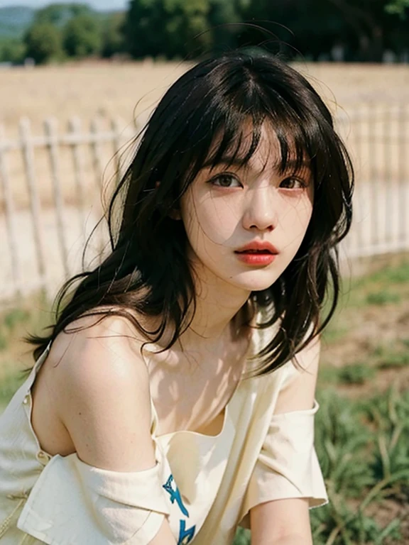 best quality,masterpiece,ultra high resolution,(realistically:1.4),RAW photos,Beautiful and beautiful,deep shadow,dark theme,2 girls,Exquisite facial features,long white hair,smilingly,(The wind blows the hair,Black hair with bangs),Three point undressing,small face,16 years old),Plump body,toned body,denim lenses,Exterior,afternoon sun