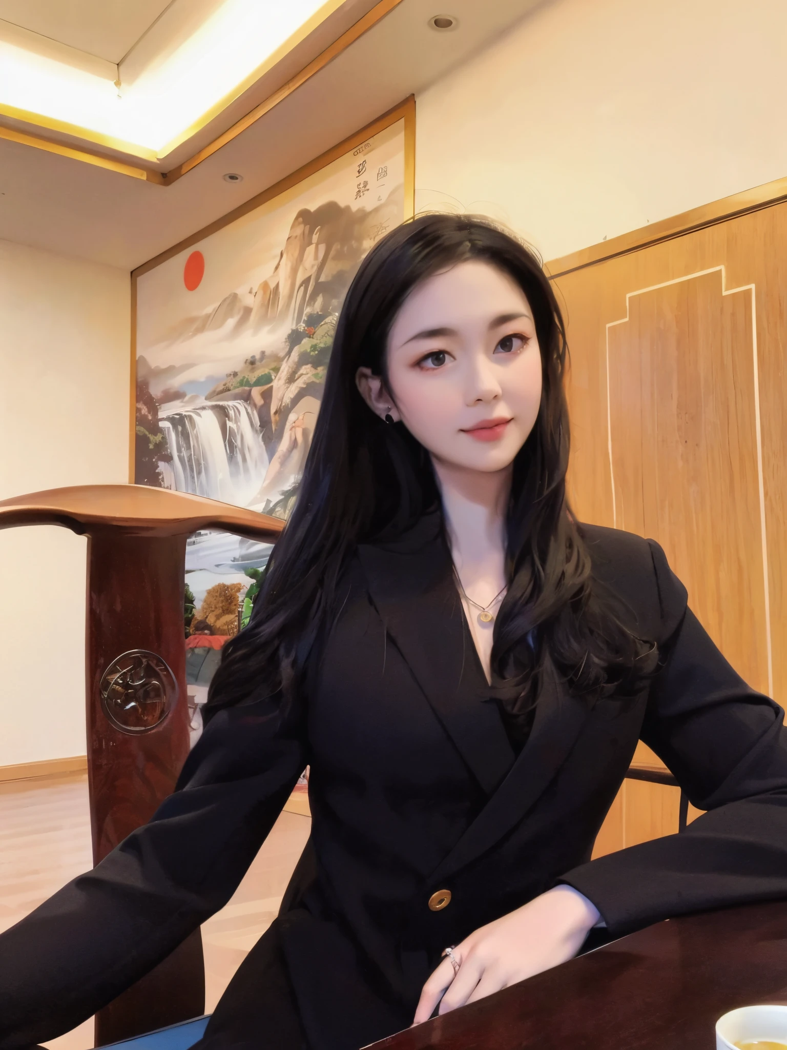 There is a woman sitting at the table,long whitr hair, Cui Xianhua, wenfei ye, xintong chen, jiyun chae, yun ling, Lee Ji-eun, lee ji eun, louise zhang, qifeng lin, chengyou liu, li zixin, Xision Wu, Wearing a black noble suit, Nam Jae-yeon