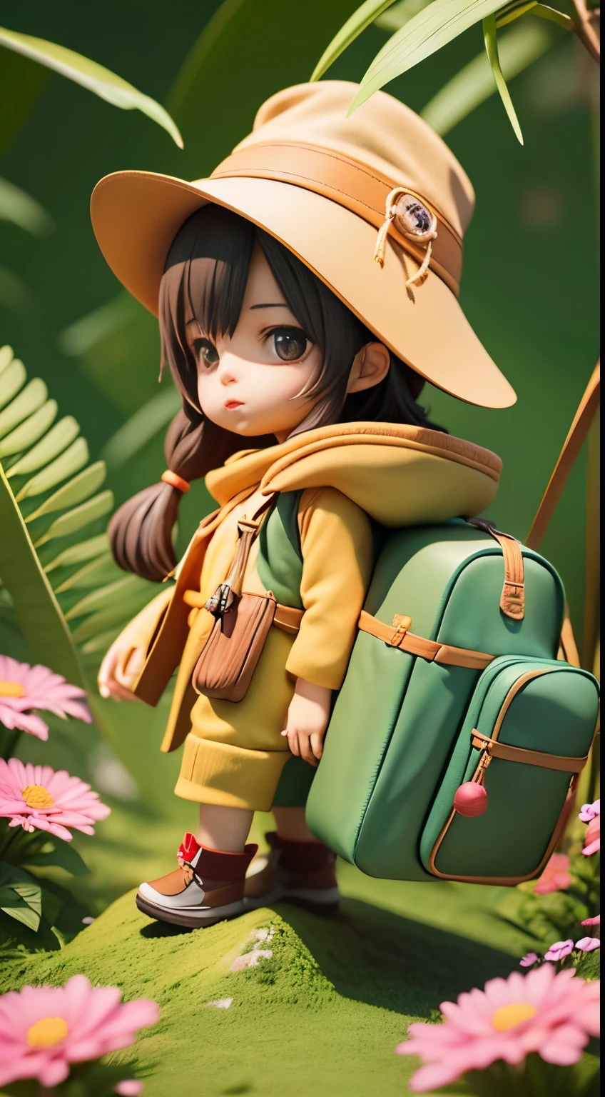 There is a poster,It features a figure wearing a hat and a backpack,female explorer mini cute girl,Japanese little girl,With a hat,Walk in the wilderness,Jungle of flowers and plants,Animation-style rendering,cute 3 d render,Small characters。Unreal Engine5,Stylized anime,Cute and detailed digital art,Atey Ghailan 8 K,Stylized 3D rendering,adventure hyper realistic render,Anime style 3D,Stylized 3D rendering