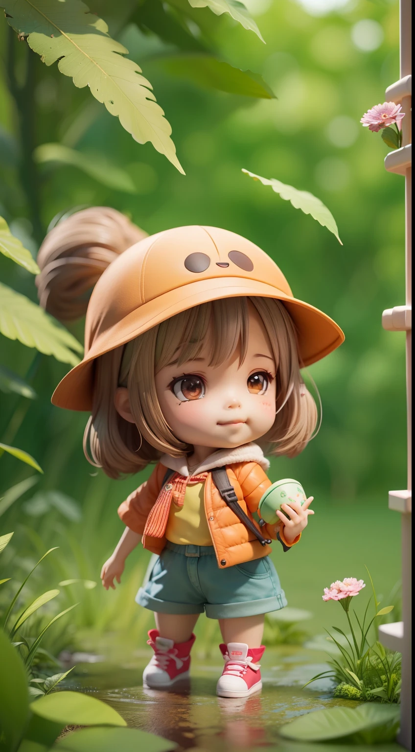 There is a poster,It features a figure wearing a hat and a backpack,female explorer mini smile girl,Looks like Chibi Maruko-chan,Walk in the wilderness,Jungle of flowers and plants,Animation-style rendering,cute 3 d render,Small characters。Unreal Engine5,Stylized anime,Cute and detailed digital art,Atey Ghailan 8 K,Stylized 3D rendering,adventure hyper realistic render,Anime style 3D,Stylized 3D rendering