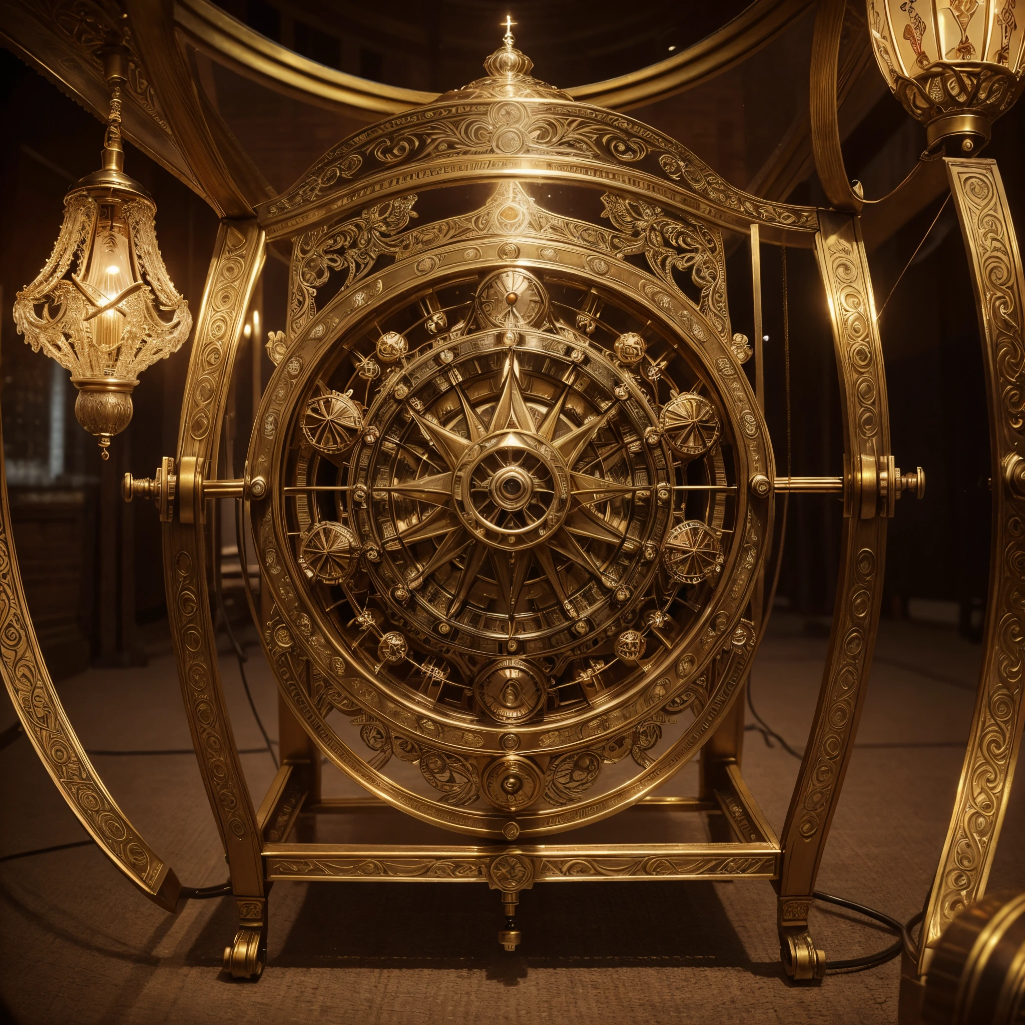 In a lustrously antiquated depiction, an intricately crafted virtual neo-Victorian quantum communication device takes center stage, showcasing its ornate and delicate design. This oil painting captures the ethereal charm of the device, rendered with impeccable brushstrokes and exuding a timeless elegance. The device's polished brass body gleams under the warm glow of dimly lit surroundings, while its gears of all sizes whirl with a harmonious precision. Delicately engraved patterns intertwine, revealing the seamless integration of advanced technology within a vintage aesthetic. The image, expertly rendered with rich, vibrant colors, transports viewers to a bygone era where scientific innovation meets the splendor of Victorian craftsmanship.