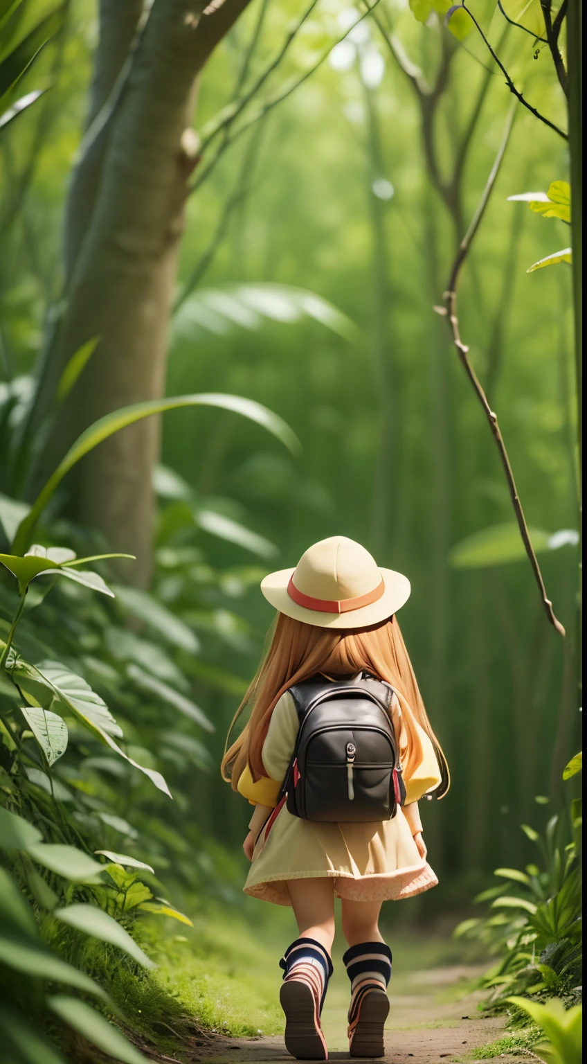 There is a poster,It features a figure wearing a hat and a backpack,female explorer mini cute girl,Japanese girl,with hat,walking in the wilderness,Jungle of flowers and plants,animation style rendering,Cute 3d rendering,small print。Unreal Engine5,stylized anime,Cute and detailed digital art,Artie Guéland 8K,stylized 3d render,adventure hyper realistic render,Anime style 3D,stylized 3d render