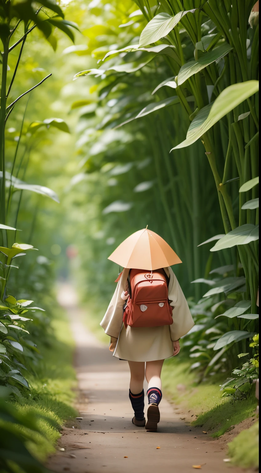 There is a poster,It features a figure wearing a hat and a backpack,female explorer mini cute girl,Japanese girl,with hat,walking in the wilderness,Jungle of flowers and plants,animation style rendering,Cute 3d rendering,small print。Unreal Engine5,stylized anime,Cute and detailed digital art,Artie Guéland 8K,stylized 3d render,adventure hyper realistic render,Anime style 3D,stylized 3d render