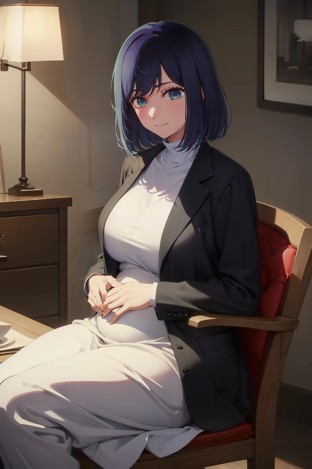 masterpiece, high quality, 8k, beautiful lighting, 1girl, solo, LoRA, portrait, looking at viewer, in a luxurious living room, breast size I cup, smile, housewife, dark purple hair, light purple eyes, mole on the right eye, chin length front hair, beautiful, halfbody, 1girls , long purple dress, 32 years, mother, pregnant 8 month, hold stomach with both hands, sit on the chair, wearing a jacket