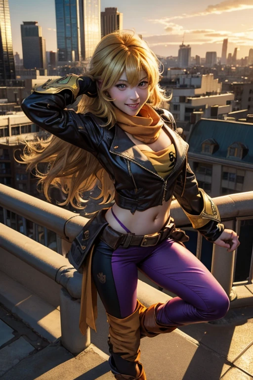 (masterpiece, best quality:1.2), cowboy shot, solo, 1girl, yang xiao long, grin, ahoge, purple eyes, brown jacket, yellow tube top, yoga pants, boots, black fingerless gloves, orange scarf, midriff, cleavage, large breasts, standing on balcony, cityscape background