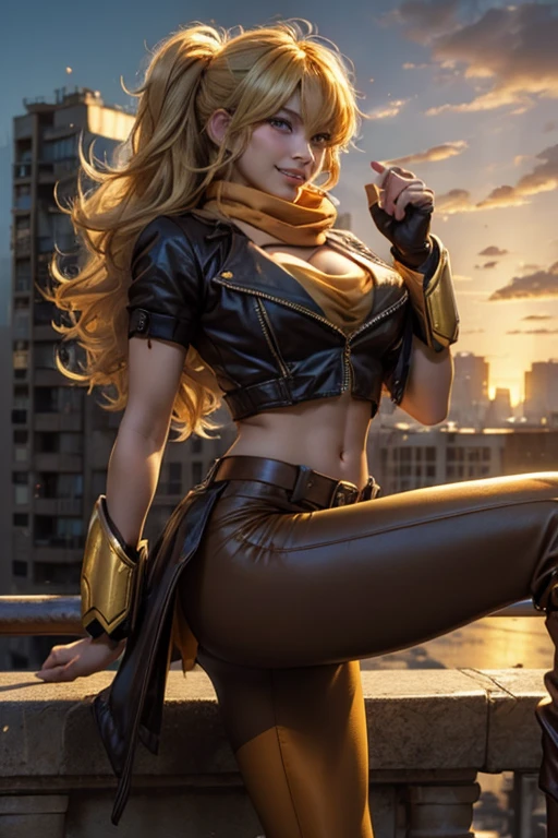 (masterpiece, best quality:1.2), cowboy shot, solo, 1girl, yang xiao long, grin, ahoge, purple eyes, brown jacket, yellow tube top, yoga pants, boots, black fingerless gloves, orange scarf, midriff, cleavage, large breasts, standing on balcony, cityscape background