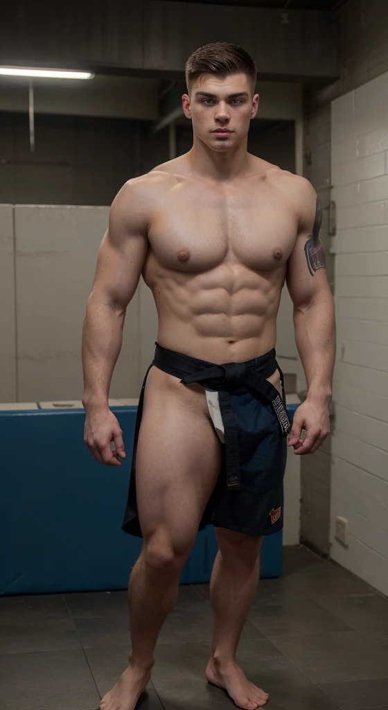 American Young white man, , military haircut, dark hair, intense blue eyes, intense gaze, affiliated features, no facial hair, height 1.93, weight 100 kg, muscular and athletic build, broad shoulders, V-shaped body, martial arts tattoos on right arm, Karate black belt, full body focus, completely hairless,