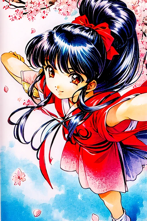 1 girl, solo, bow,long hair, red bow, japanese clothes, ponytail, hair bow, brown eyes, black hair, blue hair, cherry blossoms,