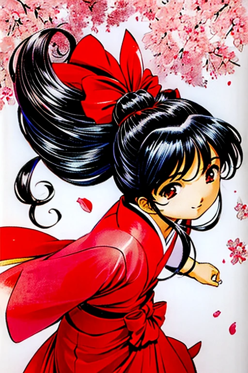 1 girl, solo, bow,long hair, red bow, japanese clothes, ponytail, hair bow, brown eyes, black hair, blue hair, cherry blossoms,