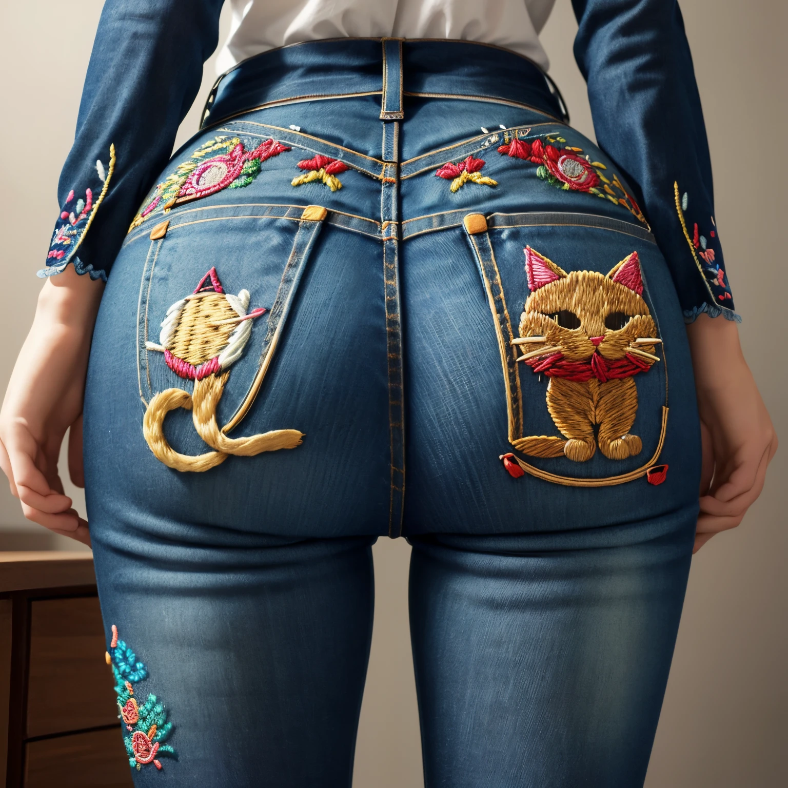 from behind, from below, finest image, A butt wearing jeans with outstanding style, very cute cat embroidery, (detailed and delicate depiction embroidery:1.4)