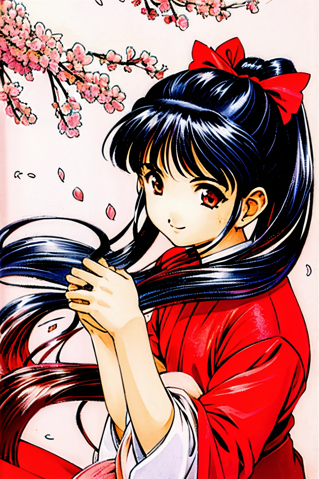 1 girl,  solo, bow,long hair, red bow, japanese clothes, ponytail, hair bow, brown eyes, black hair, blue hair, cherry blossoms,