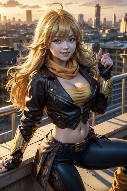 (masterpiece, best quality:1.2), cowboy shot, solo, 1girl, yang xiao long, grin, ahoge, purple eyes, brown jacket, yellow tube top, yoga pants, boots, black fingerless gloves, orange scarf, midriff, cleavage, large breasts, standing on balcony, cityscape background