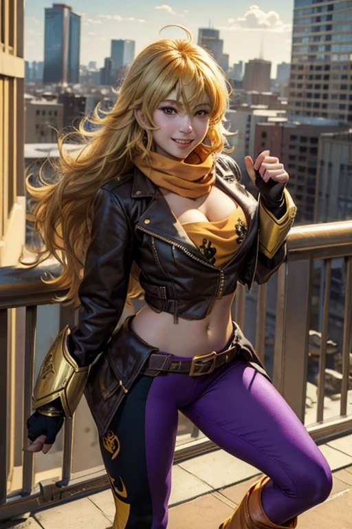 (masterpiece, best quality:1.2), cowboy shot, solo, 1girl, yang xiao long, grin, ahoge, purple eyes, brown jacket, yellow tube top, yoga pants, boots, black fingerless gloves, orange scarf, midriff, cleavage, large breasts, standing on balcony, cityscape background