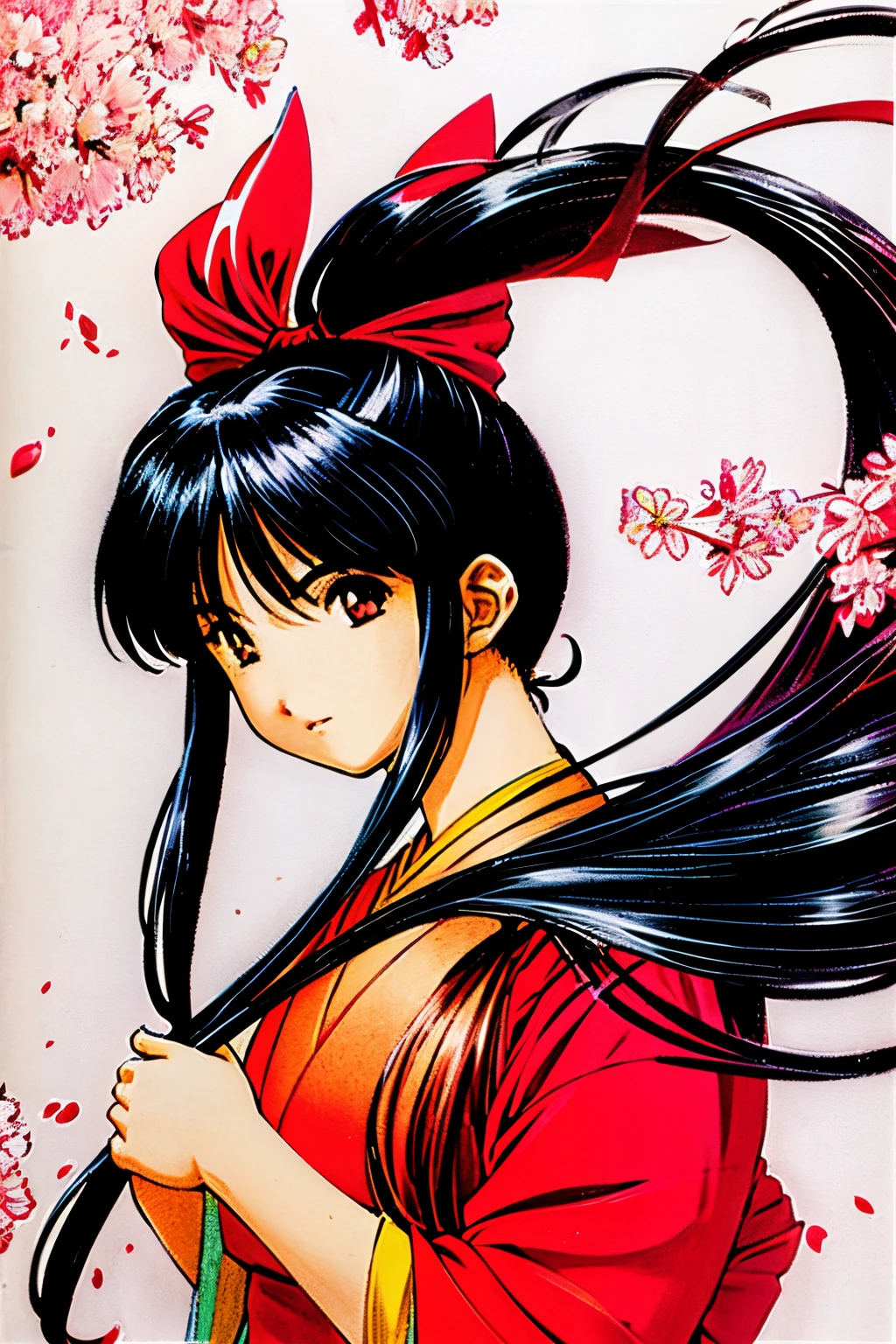 1 girl, solo, bow,long hair, red bow, japanese clothes, ponytail, hair bow, brown eyes, black hair, blue hair, cherry blossoms,