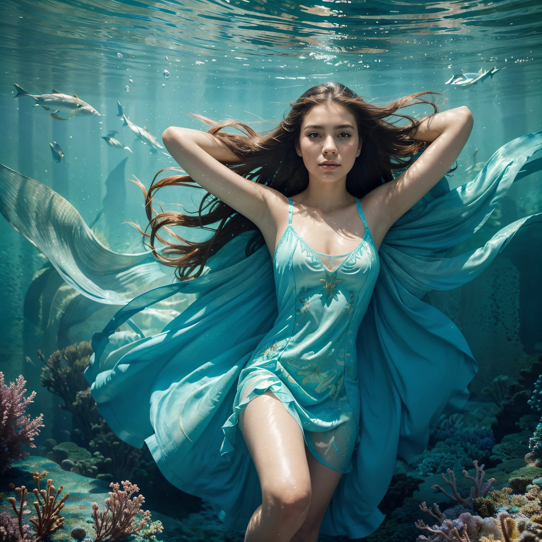In this captivating illustration, a graceful woman emerges from the depths of the sea, surrounded by a school of vibrant fish. The artistry showcases the beauty of nature with its colorful and intricate design. The woman's flowing blue and light watercolor dress perfectly blends with the underwater scenery, creating a stunning fantasy scene. The image, a high-quality vector painting, captures the ethereal essence of summer, exuding a sense of tranquility and elegance. With its splashes of grunge and carefully crafted patterns, this artwork immerses viewers in a mesmerizing underwater world that truly captivates the senses.