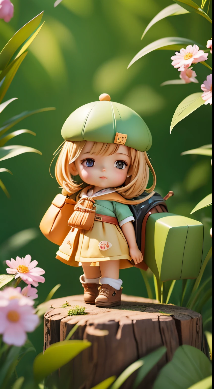 There is a poster，It features a figure wearing a hat and a backpack，female explorer mini cute girl，Japanese little girl，with hat，walking in the wilderness，Holding Huawei mate6 in the left hand.0，Jungle of flowers and plants，animation style rendering，Cute 3d rendering，small print。Unreal Engine5，stylized anime，Cute and detailed digital art，Artie Guéland 8K，stylized 3d render，adventure hyper realistic render，Anime style 3D，stylized 3d render