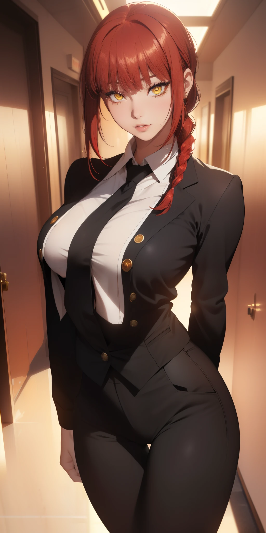 Medium and round breasts, she is a beautiful woman ((Makima)), (red hair, loose braid, with bangs and shine), double eyelids, yellow eyes, and detailed, hyper detailed, light effect on the eyes, detailed irises , sensual body, ((black suit, blouse, black pants, delicate, beautiful)) ((masterpiece, hyper realistic, hyper detailed, best quality, 16k, light and shadow on the skin, vivid colors) ), eyeliner , sensual expression, perfect lips, innocent and sexy face, ((skin with light and shadow), beautifully seductive and embarrassed woman, in love, all shy ((Makima is beautiful)), flirting with the viewer, beautiful, charming, ( pose of superiority, in the office hallway)