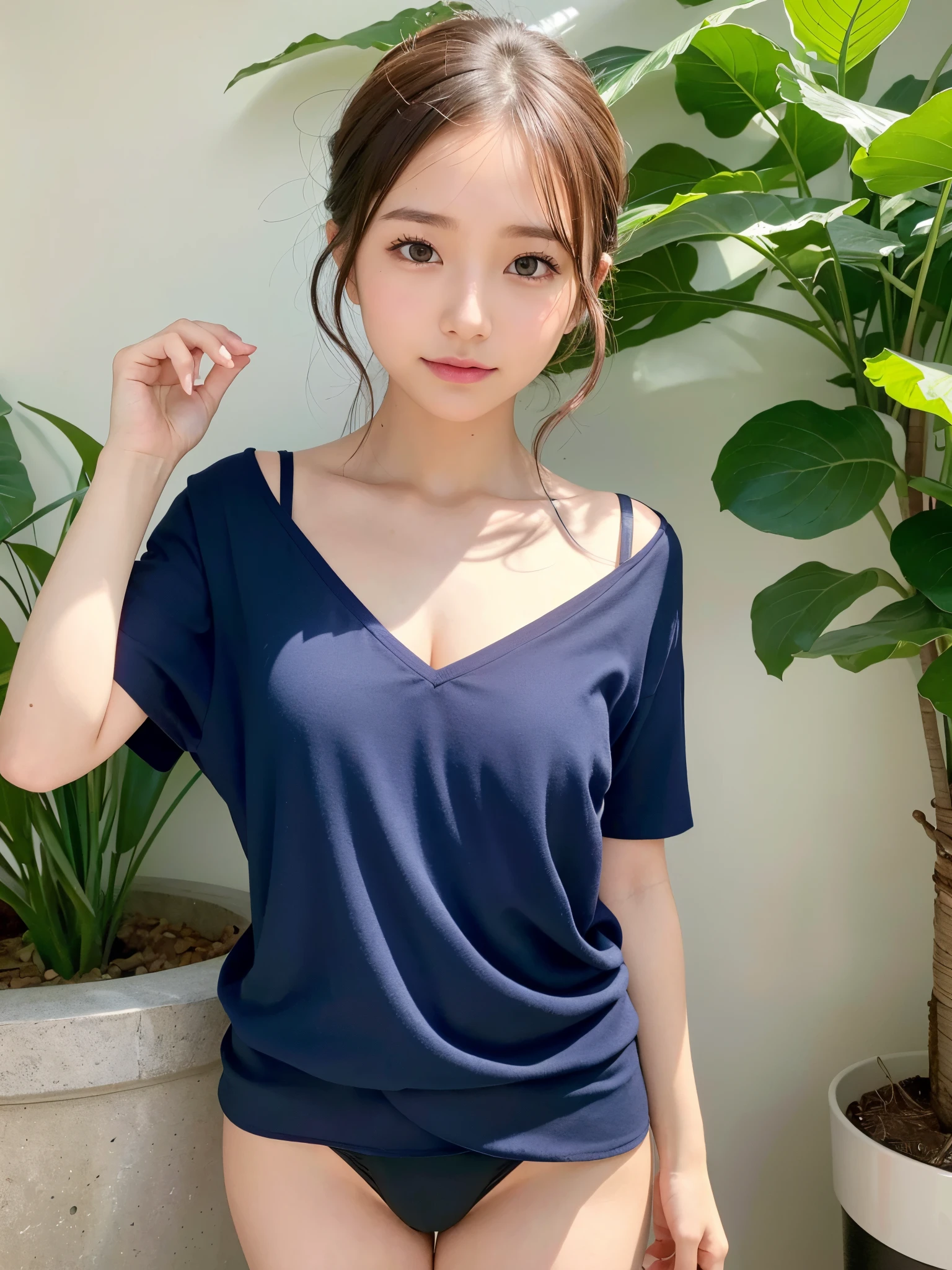 ((of the highest quality, 8K, masutepiece: 1.3, Raw photo)), Sharp Focus: 1.2, (1 AESPA Girl :1.1), Solo, (Realistic, Photorealistic: 1.37), (Face Focus: 1.1), Cute face, hyperdetailed face, short messy hair, updo, (Small breasts, flat chest, thigh: 1.1), office lobby, flower, dahlia, business shirt open, chiffon panties