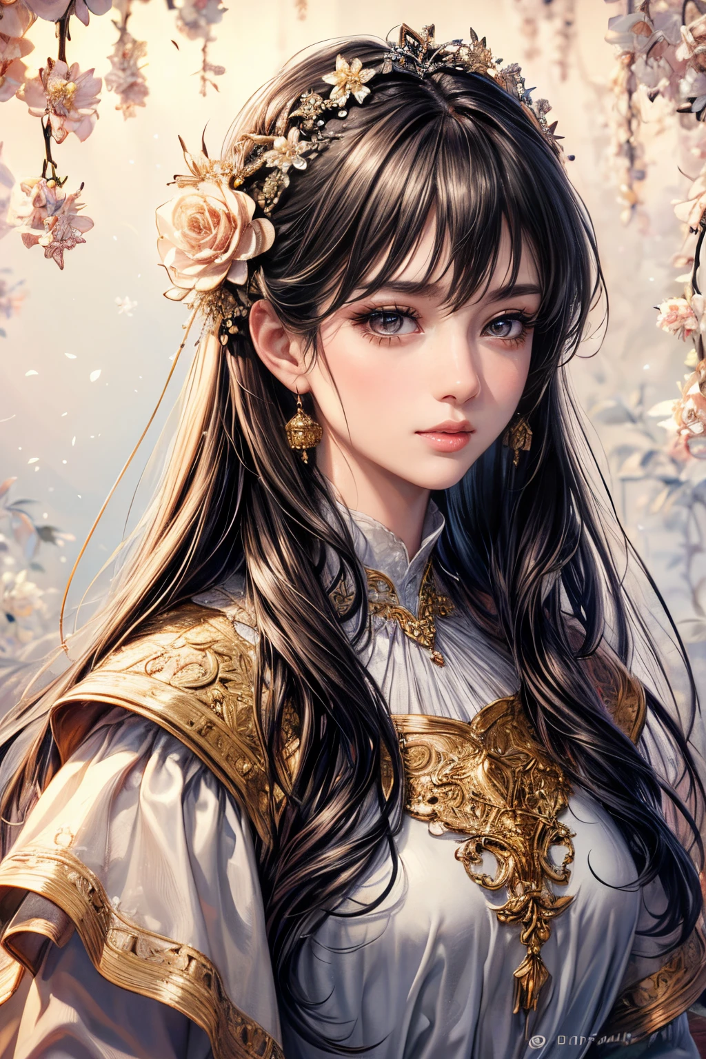 (best quality,8K,CG), detailed upper body, lonely girl, floral forest background, detailed facial features, elegant black long hair, almond-shaped brown eyes, detailed eye makeup, long eyelashes, twinkling stars, intricate lip details, soft and harmonious style.