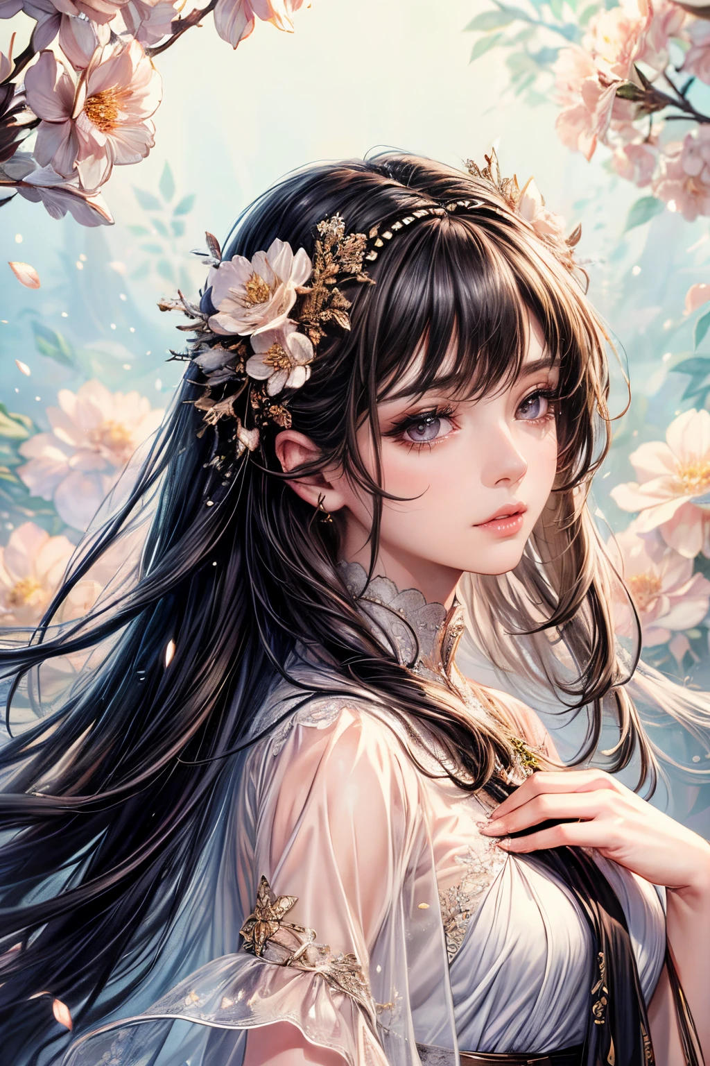 (best quality,8K,CG), detailed upper body, lonely girl, floral forest background, detailed facial features, elegant black long hair, almond-shaped brown eyes, detailed eye makeup, long eyelashes, twinkling stars, intricate lip details, soft and harmonious style.