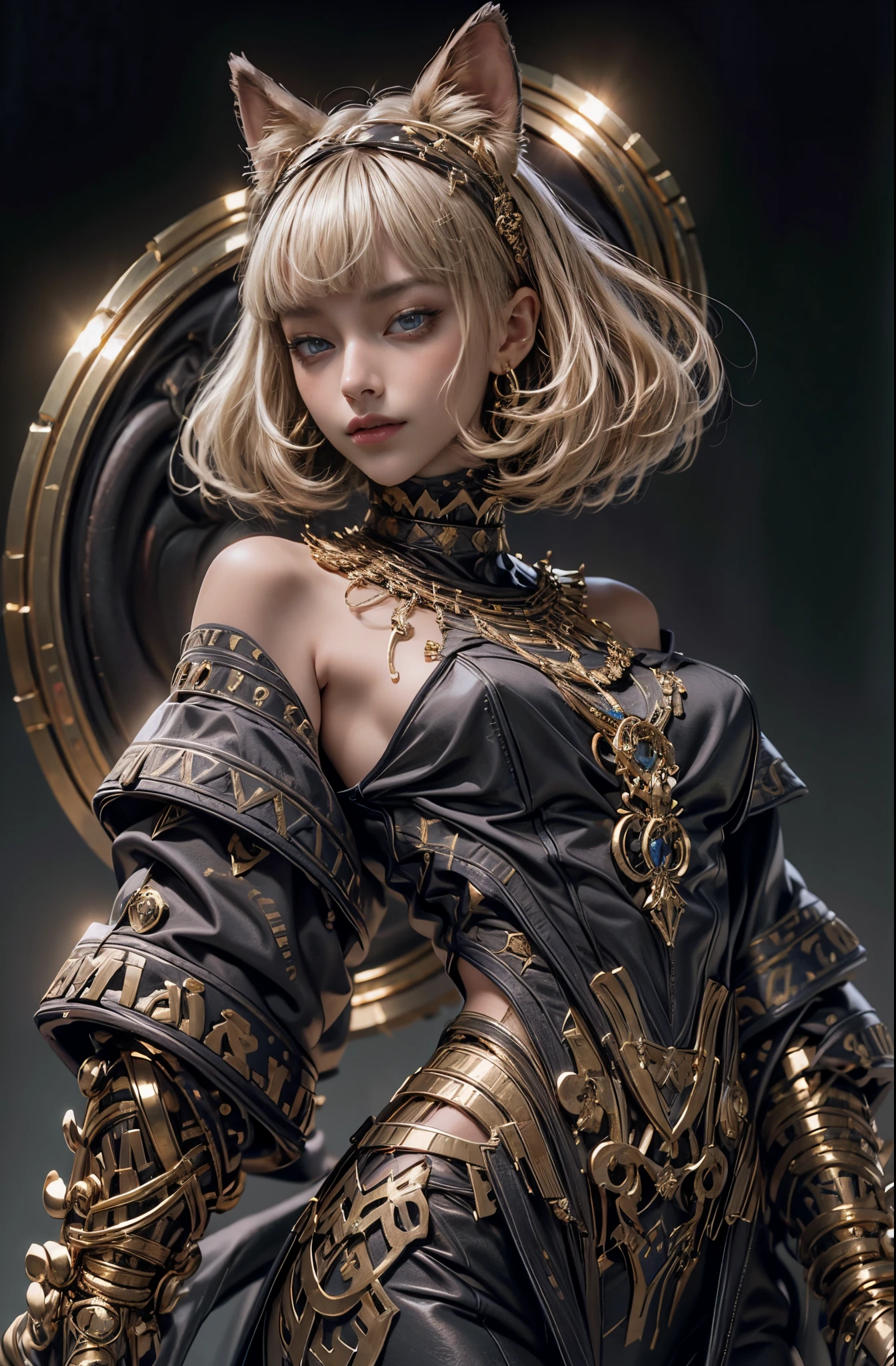 Beautiful blonde girl in gold and black armor., blue eyes, Gold Jewelry, Epic beautiful characters, captured on canon eos r 6, (Realistic face details), intricate detailed, Portrait of a beautiful girl, very high details, photo-hyper-realistic, 8k, UHD, hyperdetailed, (Dynamic Poses:1.4), Black background,