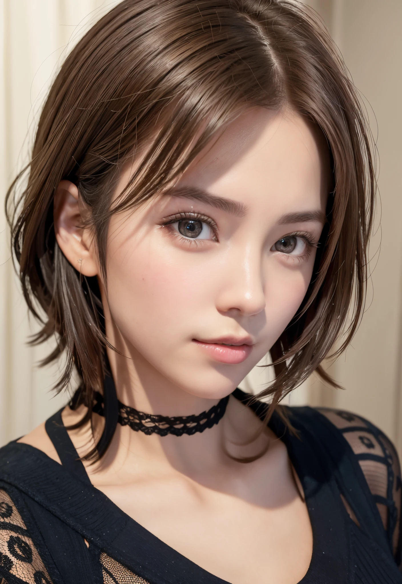 (8K, Photorealistic, Raw photo, of the highest quality: 1.3), (1girl in), Super beautiful, (Realistic face), (boyish, Silver Color Berry Shorthair), Beautiful , Glare that captivates the viewer, Beautiful expression, Beautiful breasts, (Realistic skin), Be...