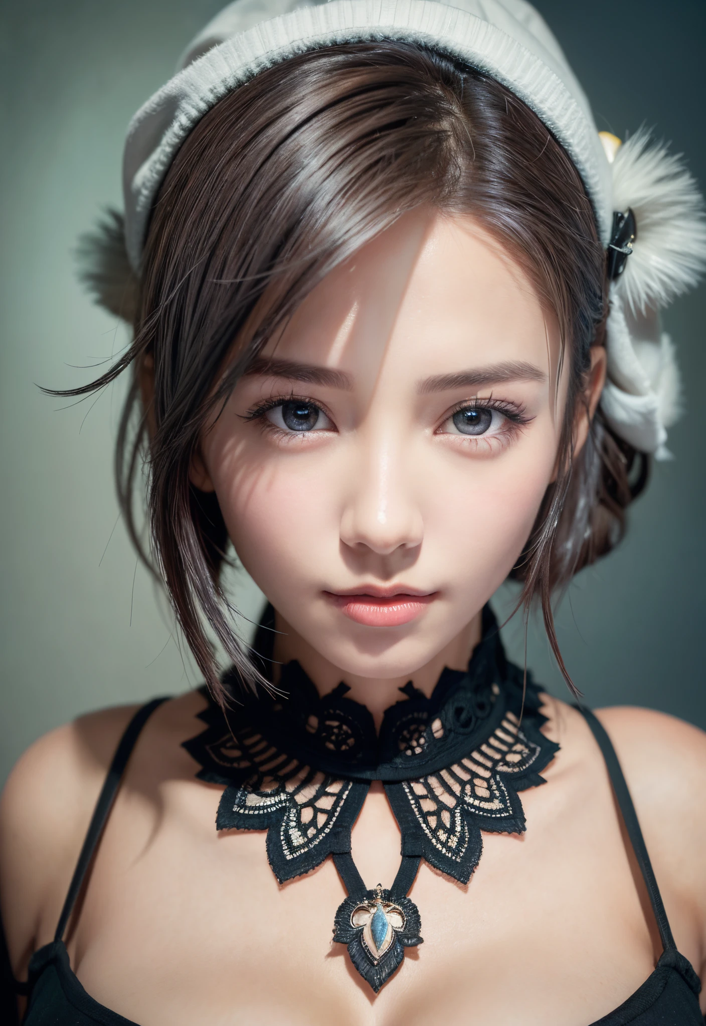 (8K, Photorealistic, Raw photo, of the highest quality: 1.3), (1girl in), Super beautiful, (Realistic face), (boyish, Silver Color Berry Shorthair), Beautiful , Glare that captivates the viewer, Beautiful expression, Beautiful breasts, (Realistic skin), Be...